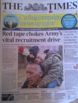 Alfie and I make the front page of The Times today. Apparently Alfie's application for enlistment into the Reserves has been delayed by red tape.