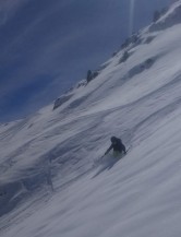 Alfie in the steeps on an off-piste line from Saulire in the Trois Vallees ski domain. (2019)