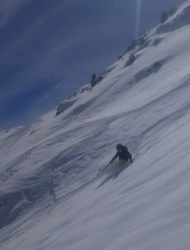 Alfie in the steeps on an off-piste line from Saulire in the Trois Vallees ski domain. (2019)